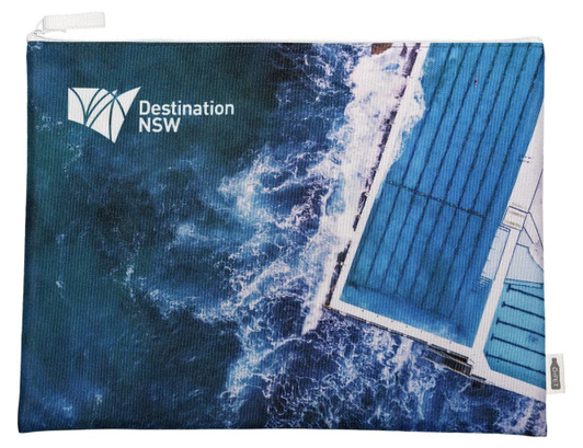 A promotional rPET conference bag featuring a blue ocean design with a logo and zip closure.