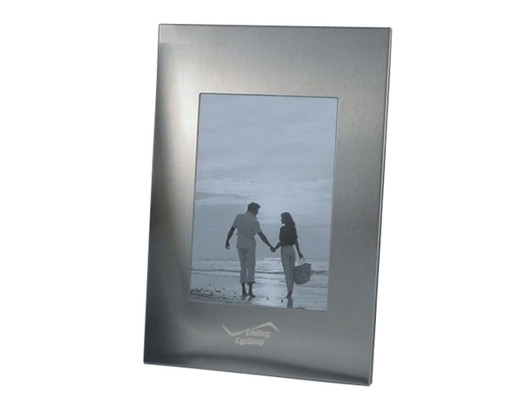 A sleek silver photo frame featuring a portrait orientation, designed to hold a single photo.