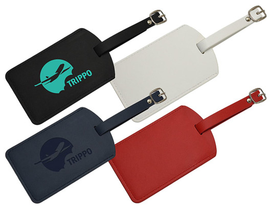 A set of three luggage tags in black, white, navy blue, and red, featuring a logo and adjustable straps.