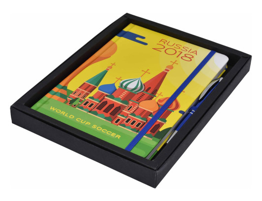 A vibrant A5 notebook in a boxed set featuring a colourful cover design and a pen, with a logo present.