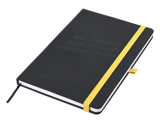 A black A5 notebook with a debossed design and a yellow elastic band. It features a logo on the cover.