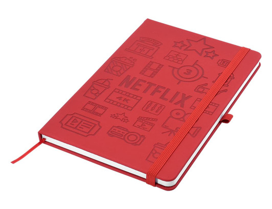 A red A5 notebook with debossed designs and an elastic band closure, featuring various icons and a logo.
