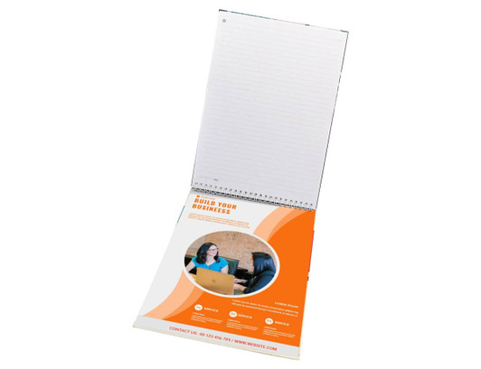 A top-bound A4 notebook with blank pages, featuring an orange and white design and a logo on the cover.