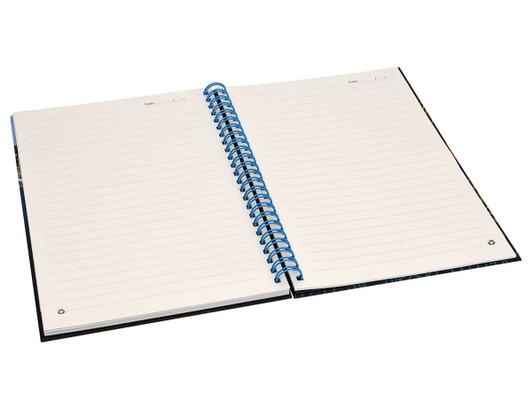 A spiral-bound A5 notebook with a blue coil and blank white pages. It has a black cover and includes a logo.