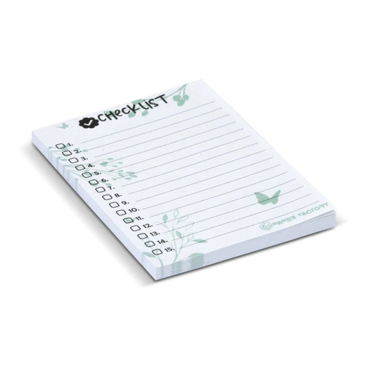 A recycled sticky pad in white with green floral designs, featuring 50 sheets and a checklist format.