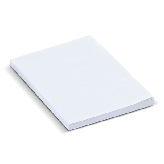 A white pad containing 50 sheets of recycled sticky notes, stacked neatly together. It features a brand logo.