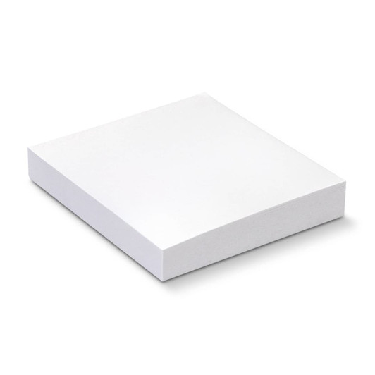 A white recycled sticky pad, measuring 70 x 75mm, containing 100 sheets, with a simple design.