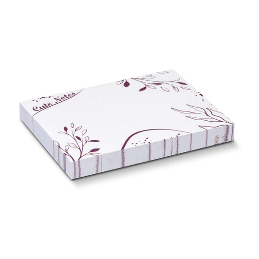 A white sticky pad with floral designs, featuring 100 sheets measuring 100 x 75mm and a branding logo.