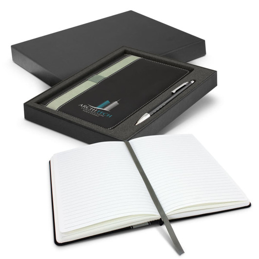 A black notebook and silver pen set displayed in a gift box with an embossed logo. The notebook features lined pages.