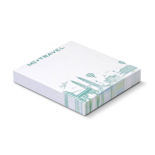 A stack of white sticky pads measuring 70 x 75mm, featuring a decorative design and a logo on the cover.