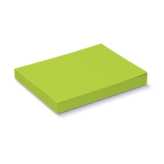 A green sticky pad containing 100 sheets, presented in a flat rectangular box with a logo.