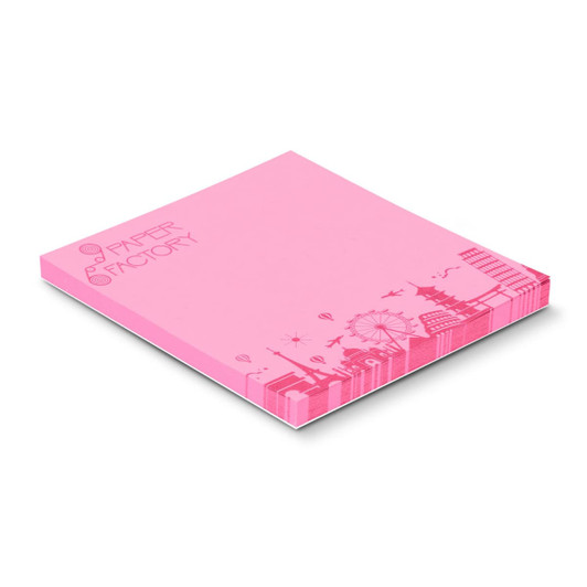 A pink sticky pad measuring 70 x 75mm with 50 sheets, featuring a subtle design and a logo.