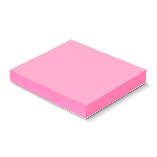 A pink sticky pad measuring 70 x 75mm, containing 100 sheets. It has a smooth, flat surface with a white base.