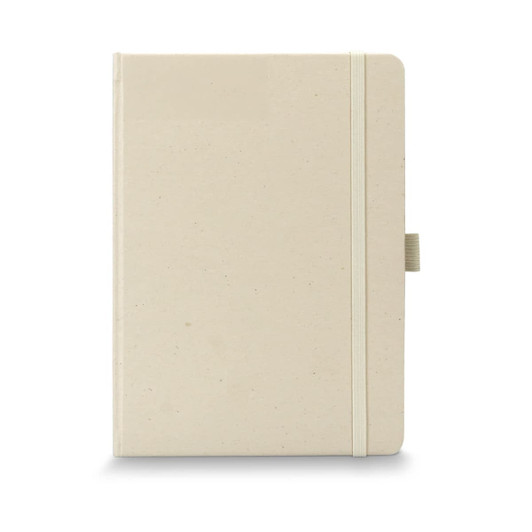 A recycled paper hard cover notebook in a light beige colour, featuring a band and a ribbon bookmark.