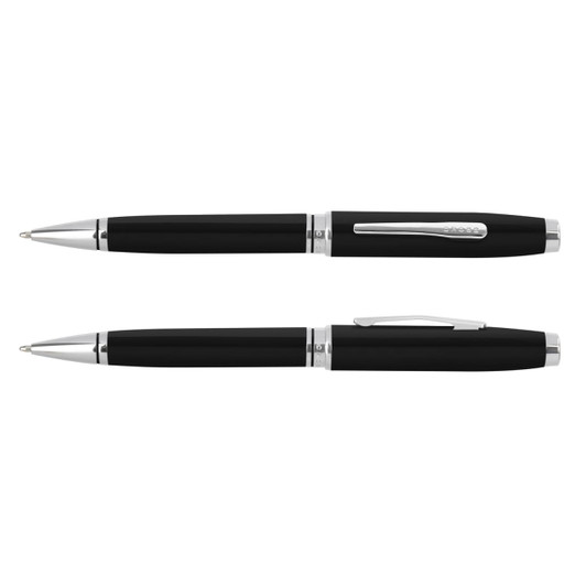 A black ballpoint pen with silver accents and a clip, featuring a sleek design and smooth finish.