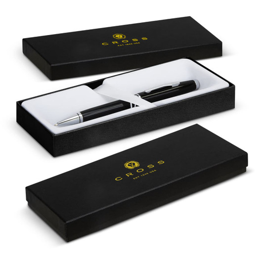 A black ballpoint pen inside a black gift box, featuring a logo on the box.