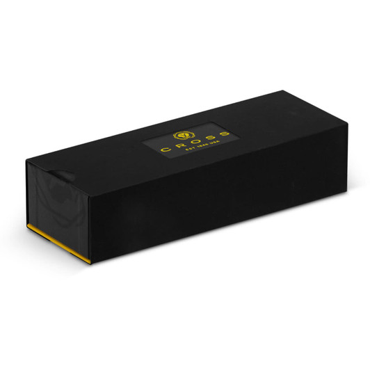 A sleek black box with a logo, featuring a yellow accent on the bottom. Suitable for packaging a pen.
