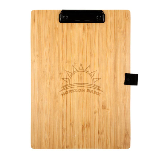 A bamboo A4 clipboard with a black clip, featuring a logo and a natural wood finish.