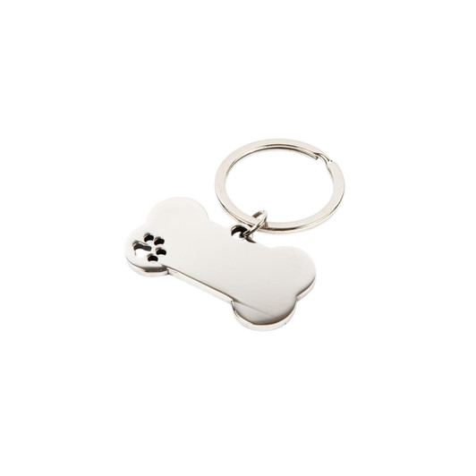 A silver dog bone keytag with a keyring attachment. The tag is shaped like a bone, featuring a pet paw design.