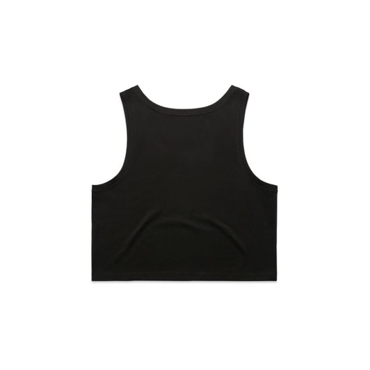 A black crop singlet featuring a simple, sleeveless design and a logo on the back.