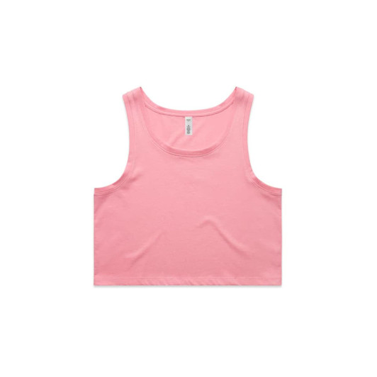 A pink crop singlet featuring a simple design and a tag label. The garment has no visible logos or branding.