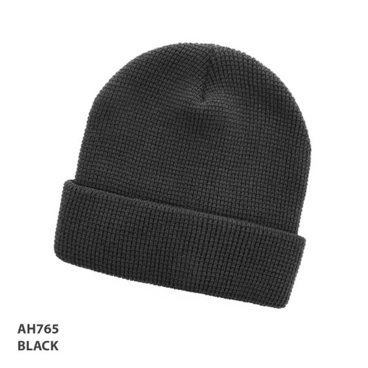 A black grid knit beanie with a folded cuff, featuring a branding logo.