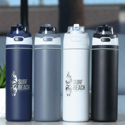 A drink bottle collection featuring navy, grey, white, and black recycled stainless steel with flip straw lids and branding.