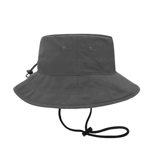 A dark grey bucket hat with a wide brim and adjustable chin strap, featuring a subtle logo.