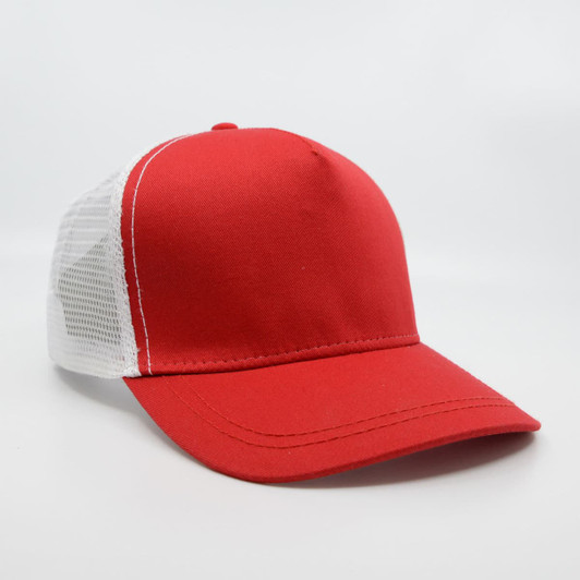 A red trucker cap with a white mesh back and a rounded brim. It features a logo on the front.