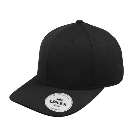 A black Classic 6 Panel Cap with a curved brim and a logo on the front.