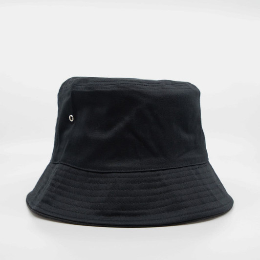 A black bucket hat with a flat brim and a small metal eyelet, featuring a simple design and no additional details.