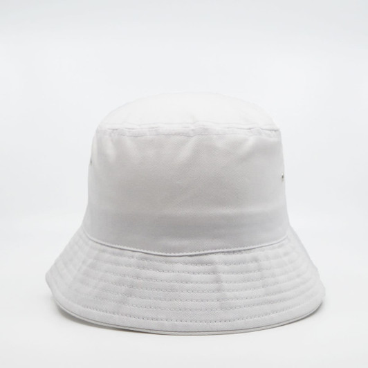 A white bucket hat with a soft crown and wide brim, featuring metal eyelets and a simple design.