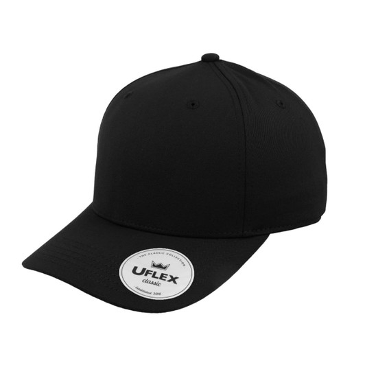 A black classic 5 panel cap with a round logo on the front.