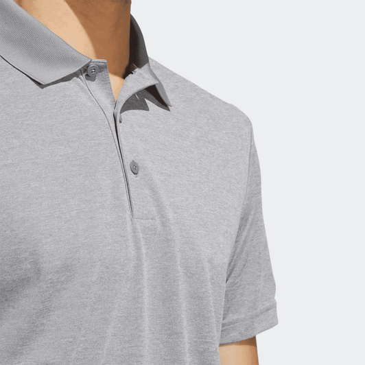 A grey Adidas men's polo shirt with a collar and buttons, featuring a logo on the chest.