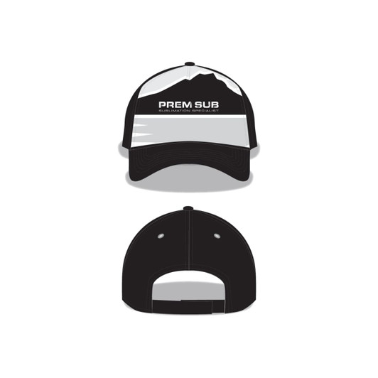 A black cap with a curved peak and a logo on the front, featuring a mountain design.