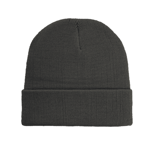 A grey knitted beanie with a cuffed design, made from recycled polyester. It features a logo.