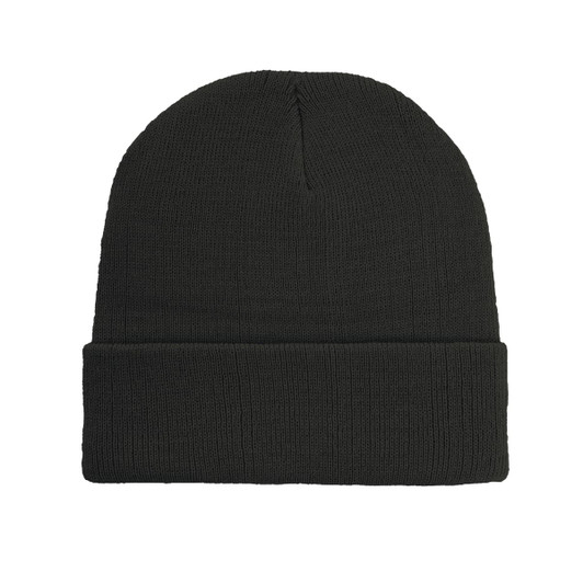 A dark green cuffed beanie made from recycled polyester, featuring a knitted texture and a logo.