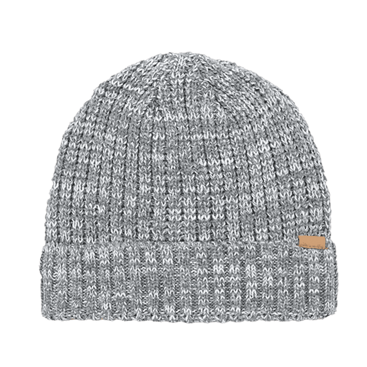 A rib knitted cuffed beanie in grey, featuring a branding label on the side.