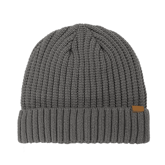 A grey rib knitted cuffed beanie featuring a small logo on the side.
