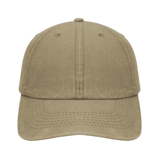 A khaki cap with a curved brim and a textured fabric. It features a branding logo on the front.