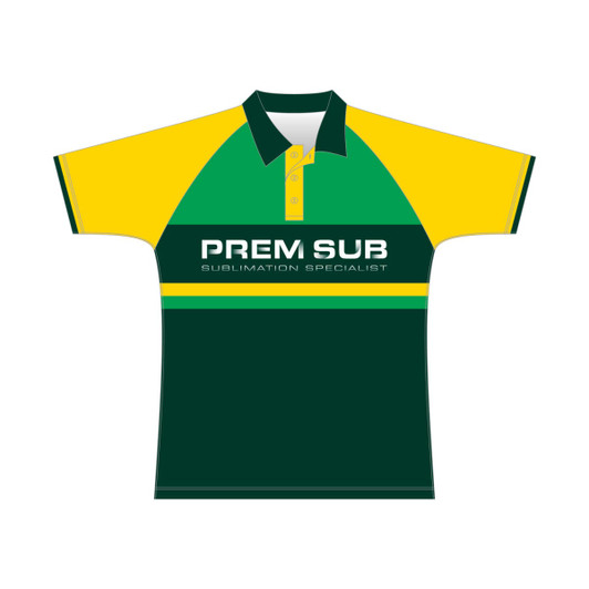 A green, yellow, and dark green Cricket Raglan Polo with a collar and a logo on the front.