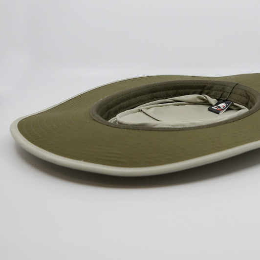 An olive green Airflo sun hat with a wide brim and a structured interior, featuring a tag inside.