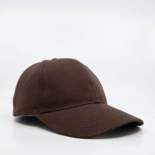 A brown six-panel brushed cotton cap with a curved brim and a branding logo.