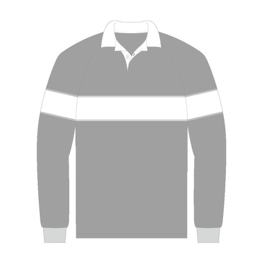 A long-sleeve knitted rugby jersey in grey with a white stripe and a collar. Features a logo on the sleeve.