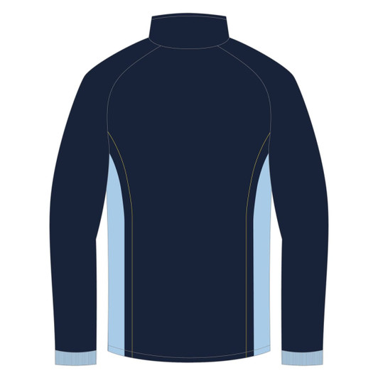 A navy and light blue long-sleeve warm-up jacket with a high collar and a branded logo.