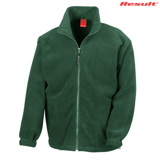 A green polar fleece jumper with a full zip and high collar, featuring a branded logo on the top right.