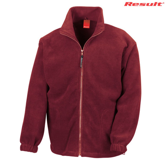 A maroon polar fleece full zip jumper featuring a high collar and a logo. Perfect for cooler weather.