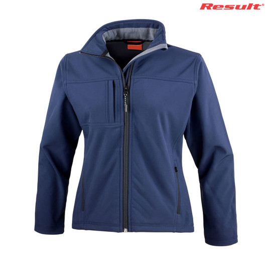 A ladies' classic softshell jacket in navy blue with a zip front, side pockets, and a collar, featuring a logo.