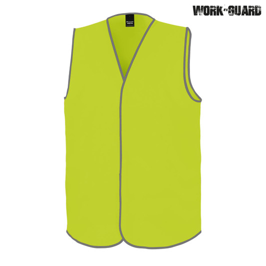 A high visibility youth safety vest in bright yellow with grey trim. Features a vest style with no sleeves and a logo.