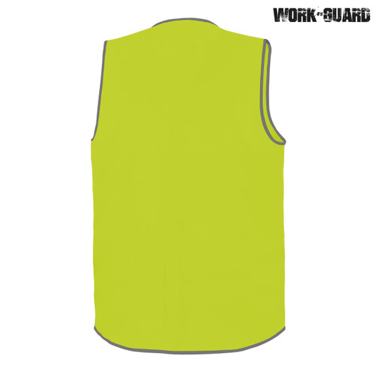 A high-visibility yellow safety vest with grey trim, featuring a logo. Suitable for youth and designed for day wear.